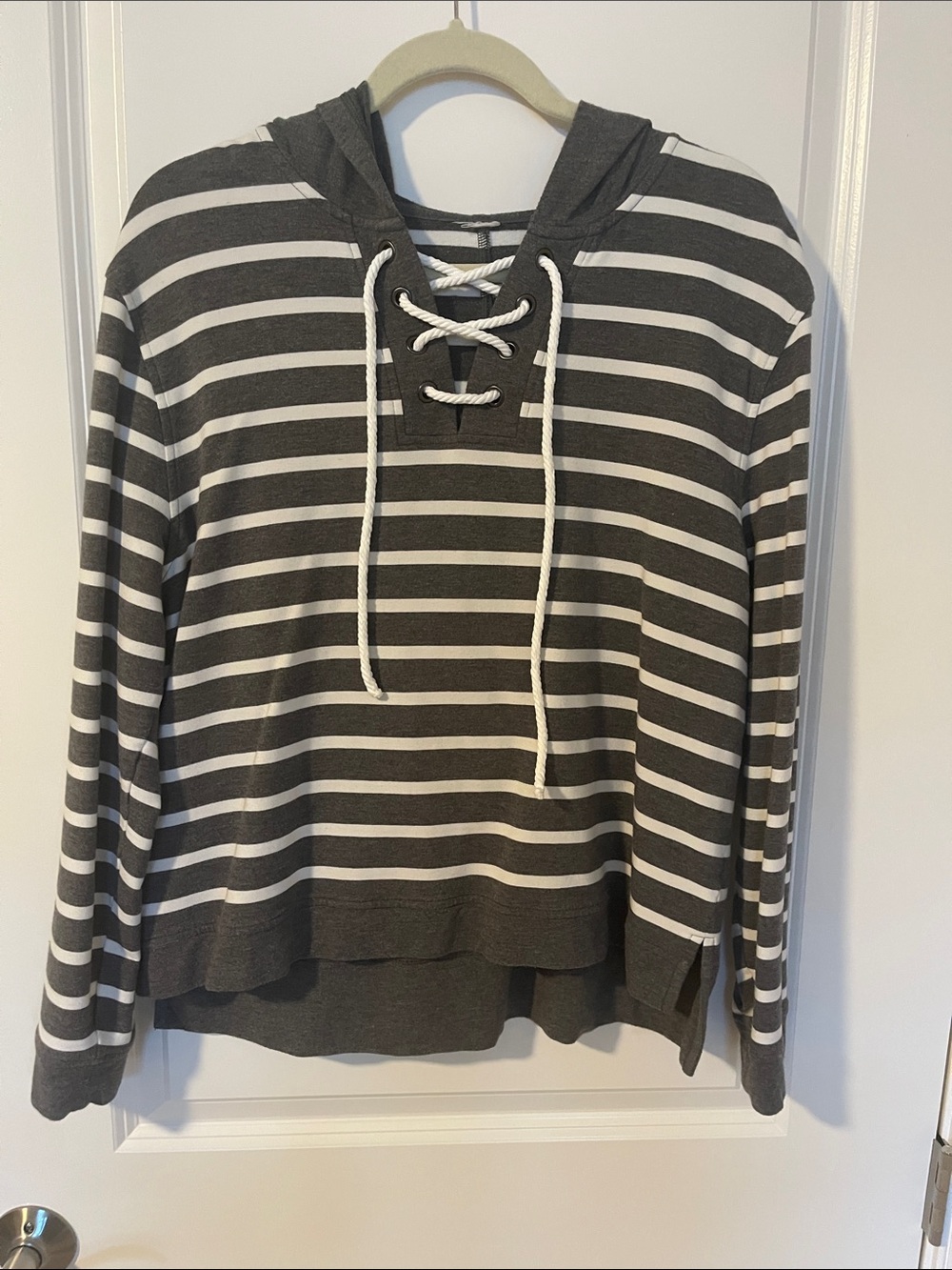 CAbi Striped Lace-Up Hooded Pullover - Gray & White